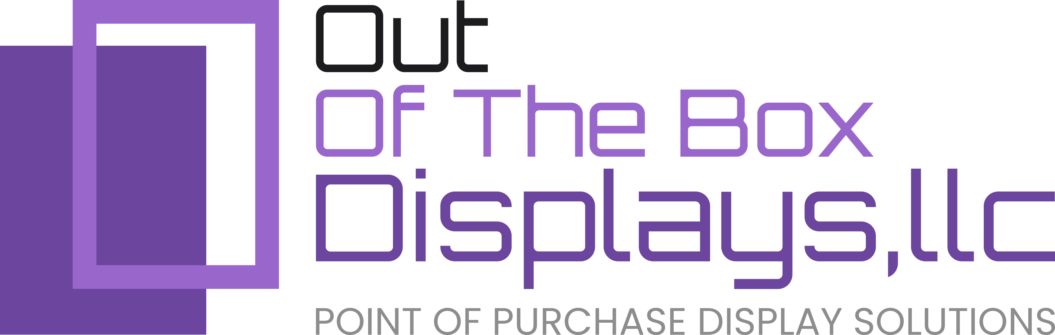 A purple font that says out of the box display.